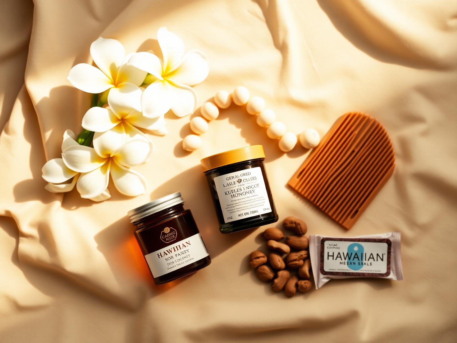 Hawaiian essentials flat lay with plumeria, honey, kukui and koa comb